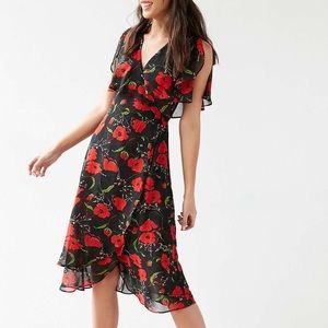 Kimchi Blue Black Floral Ruffle Wrap Midi Dress